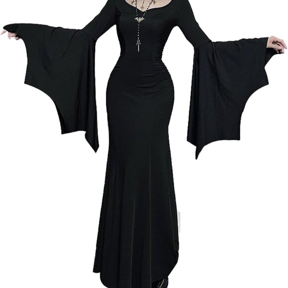 Dresses & Skirts - Gothic Maxi Dress Womens Long Flare Sleeve V-Neck Vintage Evening Wear